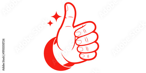 Red graphic illustration of a hand showing a thumbs up gesture with two sparkling star symbols Vector