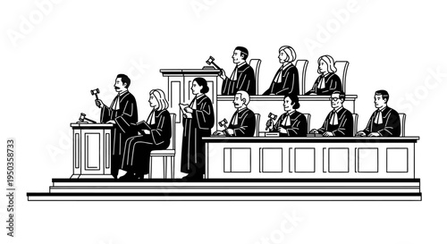 Judges in Courtroom, Gavel, Justice, Law, Legal System, Court Hearing, Trial, Verdict