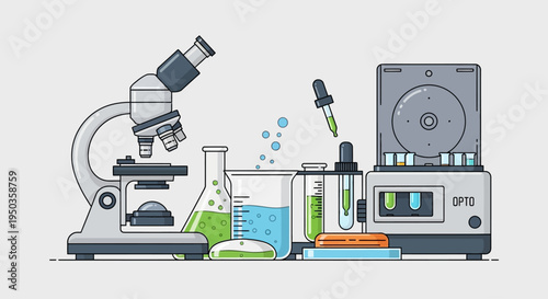 Laboratory equipment: microscope, centrifuge, beakers, and flasks with colorful liquids for science research