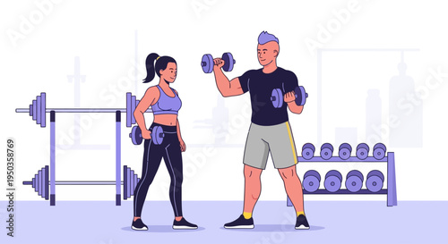 Man and Woman Lifting Dumbbells in Gym, Fitness Training, Strength Workout