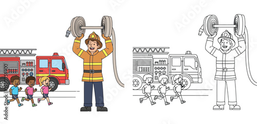 Strong Firefighter Lifting Fire Hose with Kids Running and Fire Truck - Fitness and Fun
