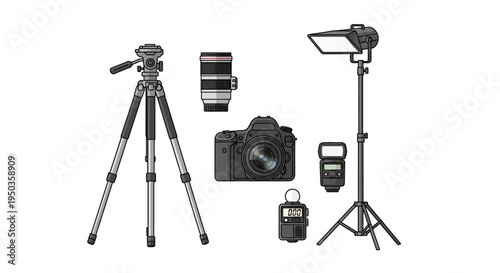 Photography Equipment Set: DSLR Camera, Lens, Tripod, Lights, Flash, Light Meter