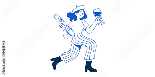 A stylish woman wearing a beret while carrying a french baguette and holding a glass of red wine Vector