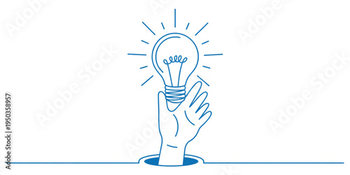 A hand reaching out from a horizontal line to hold a glowing light bulb representing a new idea Vector