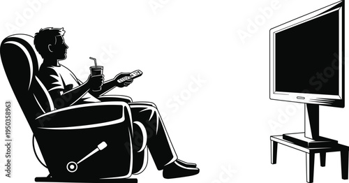 Man watching television silhouette, relaxing on armchair with remote and drink, home entertainment, leisure time, TV viewer lifestyle illustration