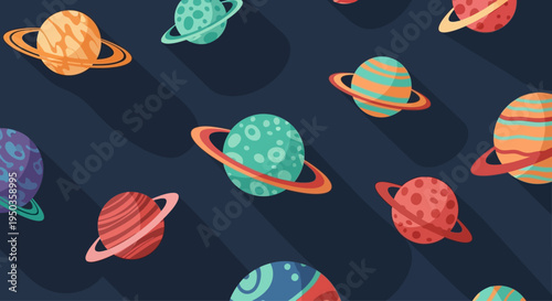 Seamless Pattern of Colorful Cartoon Planets with Rings on Dark Blue Space Background