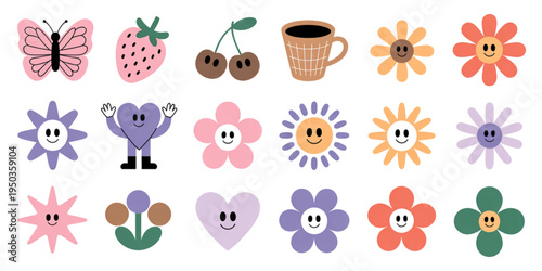 Set of cute retro aesthetic illustrations including flowers hearts fruits and a cheerful butterfly Vector