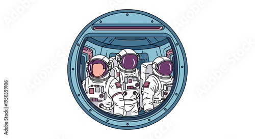 Three astronauts in spacesuits inside a spacecraft cockpit, looking out a round window.