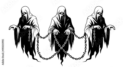 Three Chained Ghosts, Spooky Halloween Specters in Black and White