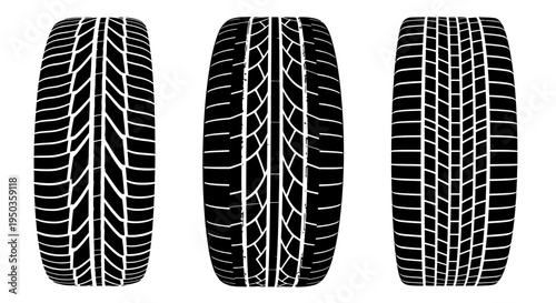 Three Different Tire Tread Patterns Isolated on White Background