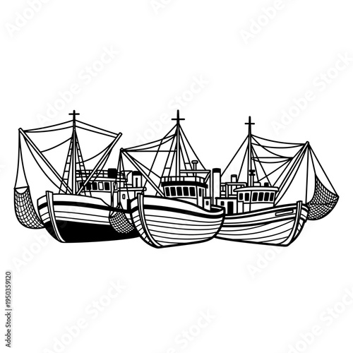 Three Fishing Trawler Boats with Nets, Maritime Industry, Nautical Scene