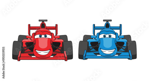 Two cartoon racing cars, one red and one blue, smiling and ready to race.