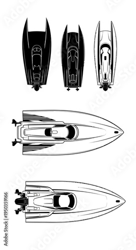 Top View Speedboat Silhouettes and Line Drawings