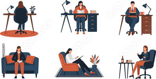 People engaged in diverse reading and work activities in indoor settings