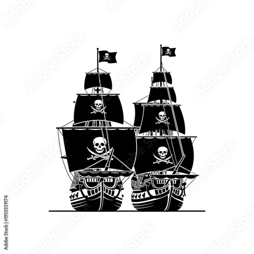 Two pirate ships with Jolly Roger flags sailing on the sea