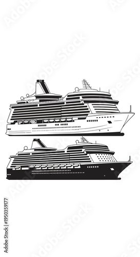 Two Cruise Ships Side by Side, One White, One Black Silhouette, Maritime Travel