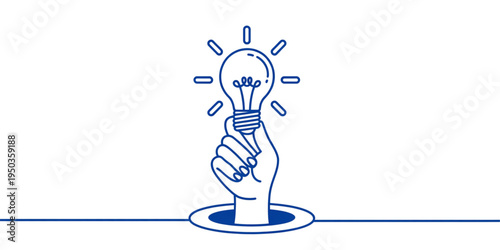 A hand emerging from a hole while holding a glowing light bulb representing a creative big idea Vector