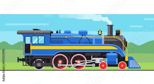 Vintage Blue Steam Locomotive Train, Retro Transportation, Classic Railway Engine