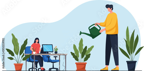 Two people nurturing plants in an office setting with a computer and watering can