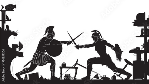 Warriors in silhouette engaged in a dramatic sword fight, with detailed ancient battle gear and surrounding artifacts