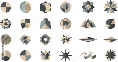 Collection of abstract geometric shapes and symbols in muted earth tones