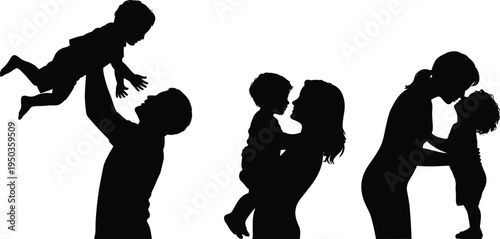 Mother and child silhouette set, parent lifting baby, hugging kid, family love, motherhood bond, parenting moments, black illustration