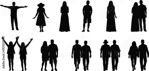 Couple and people silhouettes collection with standing, walking and celebrating poses, relationship lifestyle characters set, isolated black vector illustration for social scenes