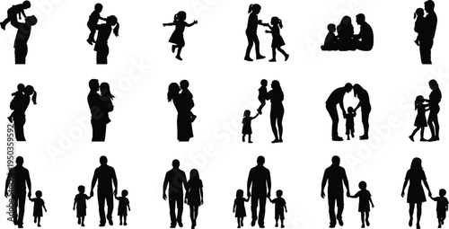 Family silhouettes collection with parents and children walking, playing, hugging and caring poses, parenting lifestyle concept, isolated black vector illustration set