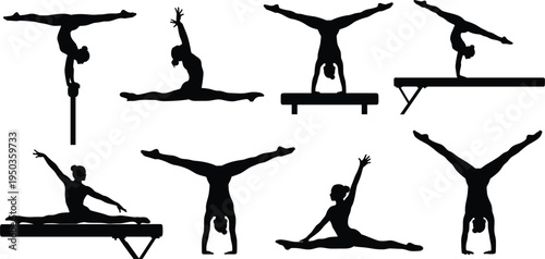 Gymnast silhouettes performing balance beam, handstand and split poses, artistic gymnastics training collection, athlete flexibility and strength concept, isolated black vector illustration