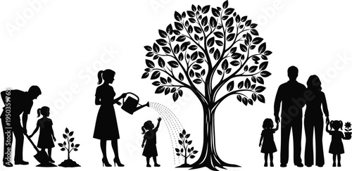 Family gardening silhouettes with parents and children planting and watering plants around large tree, nature care concept, eco lifestyle scene, isolated black vector illustration