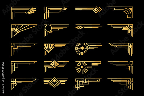 Luxury Gold Art Deco Corner Borders and Geometric Frames Set. Vintage 1920s Style Decorative Elements with Golden Lines on Black Background for Invitations, Menus, and Elegant Graphic Design.