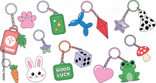 Cute kawaii keychain charm collection, colorful cartoon accessories set with bunny, frog, carrot, dice, mushroom, playful vector icons