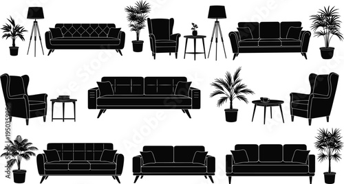 Living room furniture silhouettes collection including sofas, armchairs, lamps, tables and indoor plants isolated on white background, modern interior design elements set