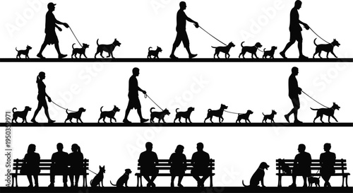 Silhouette illustration of people walking multiple dogs and sitting on park benches with pets, urban dog walkers, pet owners, outdoor lifestyle scene minimalist