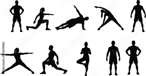 Collection of athletic people silhouettes performing fitness exercises, yoga stretches and warm up poses, isolated on white background, healthy lifestyle workout set illustration