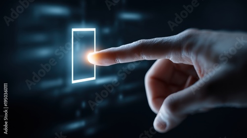 Finger pressing illuminated button on dark interface