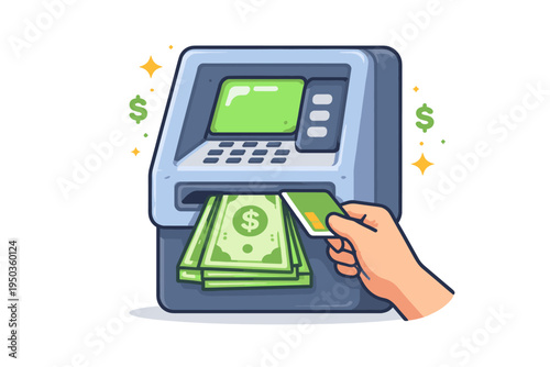 Flat vector illustration of an ATM machine for cash withdrawal. A hand inserts a credit card while dollar bills emerge from the slot. Concept of banking, finance, and automated teller services.