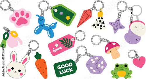 Cute kawaii keychain collection, colorful cartoon charm accessories set, playful icons including bunny, frog, dice, mushroom, paw vector