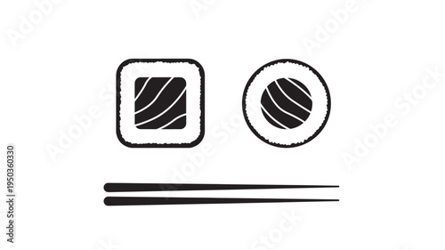 Sushi roll icons with chopsticks showing a square and round maki roll, presented in a minimalist black and white design.
