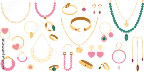 Gold jewelry flat lay collection, elegant necklaces rings bracelets earrings with gemstones, luxury fashion accessories vector illustration set