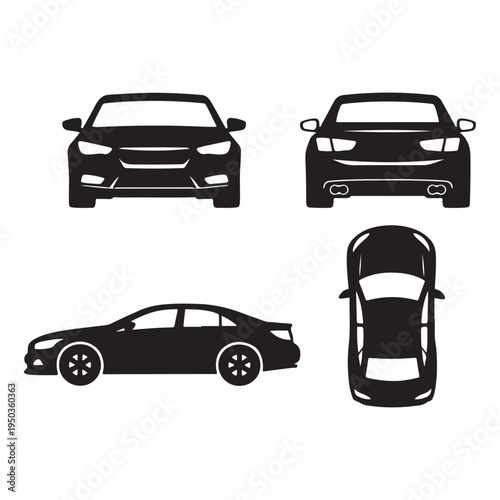 Car Silhouette Blueprint – Front, Rear, Side & Top View Vector