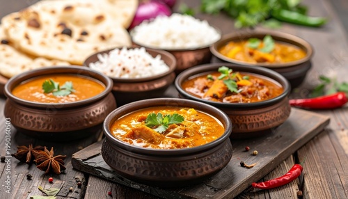 Delicious Indian Cuisine - A Vibrant Feast of Curries, Rice, and Naan Bread.