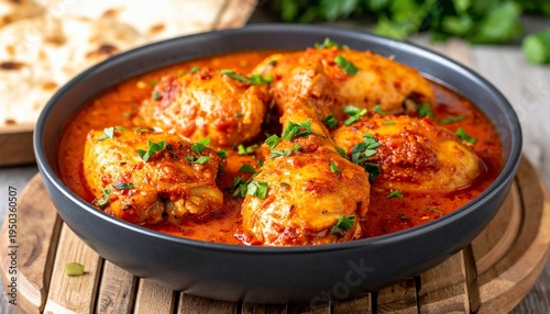 Delicious Indian Chicken Curry Dish with Rich Tomato Gravy and Fresh Herbs.