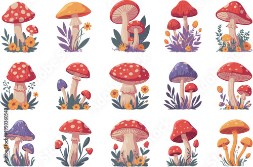 Whimsical mushroom illustration set, colorful fantasy forest fungi collection, cute woodland toadstools with flowers, decorative nature clipart, vector bundle