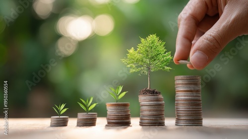 Hand adding coin to stacked money with growing plant