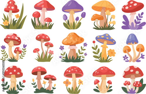 Whimsical, colorful, cartoon mushroom collection, cute forest fungi illustration set, playful nature elements, fantasy woodland clipart, flat vector style bundle