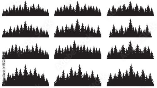 Forest silhouette collection with various conifer tree arrangements for landscape design and natural scenery.
