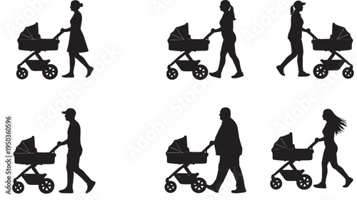 Stroller silhouettes featuring women, men, and a baby carriage walking with babies inside for family outings.