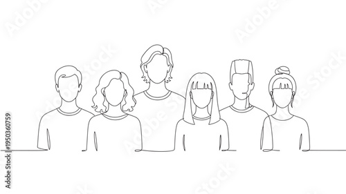 People icons minimalist illustration of diverse group with simple outline faces and t shirts in black and white continuous line art.