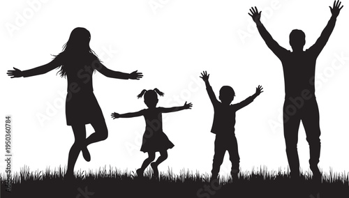 Silhouettes of a happy family with arms raised in celebration against a white background and a grassy foreground.